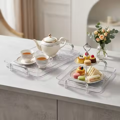 Clear Rectangular Plastic Serving Tray with Handles Stackable Decorative Tea Food Trays for Eating T