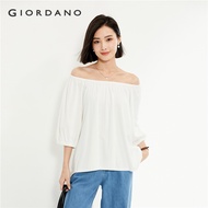 GIORDANO ผู้หญิง เสื้อยืด เสื้อยืดปิดไหล่ยืดหยุ่นยืดได้ เสื้อยืดคอกลม แขน Raglan แฟชั่นเรียบง่าย ลำล