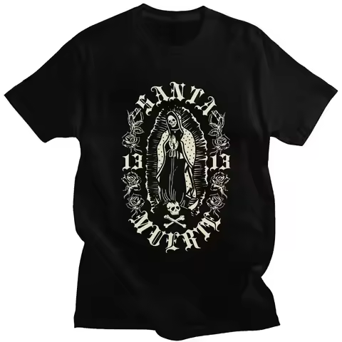 Classic Gothic Santa Muerte 13 Tshirt Men Lady of Holy Death Shirt Mexican Skull Tee Short Sleeve Co