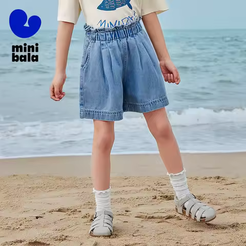 Mini Bala Girls Clothes 2025 Summer Bubble Shorts Soft Denim Lightweight Breathable Baby Pants for W