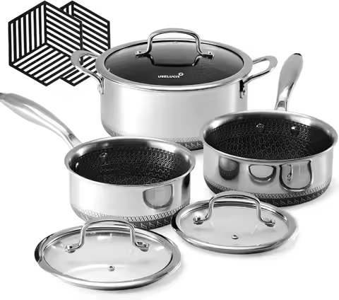Hybrid Nonstick 6-Piece Pot Set with 2 Silicone Trivets, 1.5 QT Sauce Pan, 2 and 5.2 QT Stock Pot wi