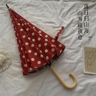 Vintage HongKong Style Long Handle Folding Umbrella Durable Polka Dot 16 Ribs Large Size Automatic S