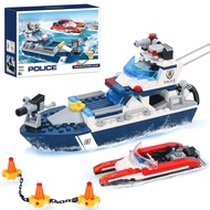 City Police Patrol Boat Building Blocks with Race Boat, Coast Guard Ship Cop Chase Crook Boat Buildi