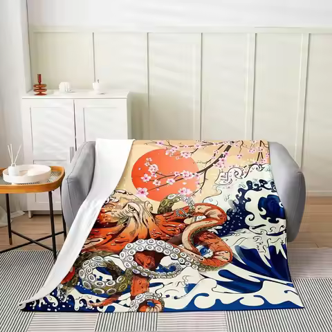 Japanese Ukiyoe Theme Flannel Fleece Throw Blanket, Multicolor,All Season, Warm, Soft, 3D Printed Pa