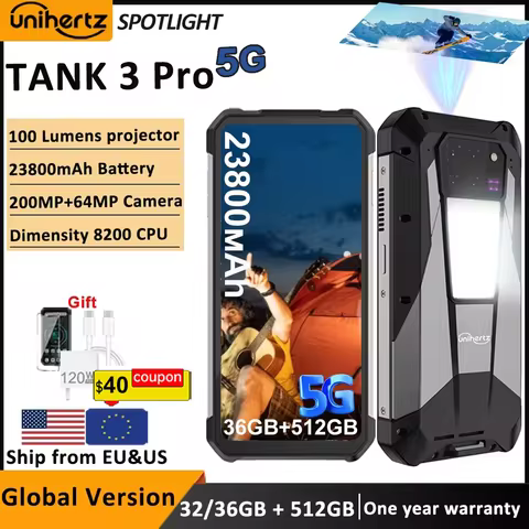 Unihertz Tank 3 Pro 8849 Rugged 5G Phone with 100 Lumens Projector Android 14 32GB 512GB 23800mAh Wa