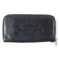 成色良好 CHROME HEARTS REC F ZIP 3 墓地十字貼片匕首拉鍊長真皮皮夾 黑色 男士