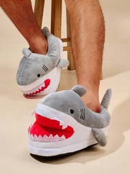 新款男士冬天溫暖毛絨鯊魚拖鞋帶樂趣禮品鯊魚包柔軟的室內情侶鞋