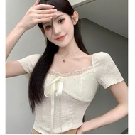 Women's T-shirt with lace and bow tie collar, super pretty, strong stretch wave elastic LOKAA H8888