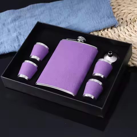 9OZ Portable Flagon Hip Flask set with cups funnel fork spoon purple for Whiskey Vodka Wine Pot Alco