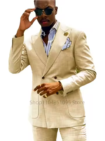Casual Summer Linen Slim Fit Suits for Men Double Breasted Peaked Lapel Man 2 Piece Outfit Set Blaze
