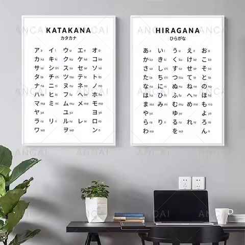 Hiragana and Katakana Chart Art Print Black White Japanese Alphabet Poster Japan Wall Pictures Canva