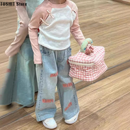TUSHIT Store 2024 Spring New Chinese Style Long Sleeve Top T-Shirt with Trendy Jeans Suit for Girls in Malaysia