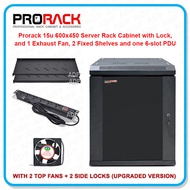 PRORACK 15u 600x450 Server Rack Cabinet with Lock, 1 Exhaust Fan, 2 Fixed Shelves and one 6-slot Pla