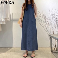 VONDA ชุดเดรสยาวผ้าเดนิมแขนกุดเสื้อยืดคอกลมลำลองสำหรับผู้หญิง (ลำลองเกาหลี)