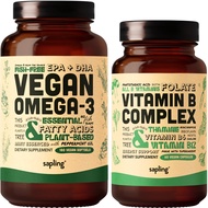 Vegan Omega 3 180 Softgels & Vegan Vitamin B Complex Bundle - Plant-Based DHA & EPA Fatty Acids, Ess