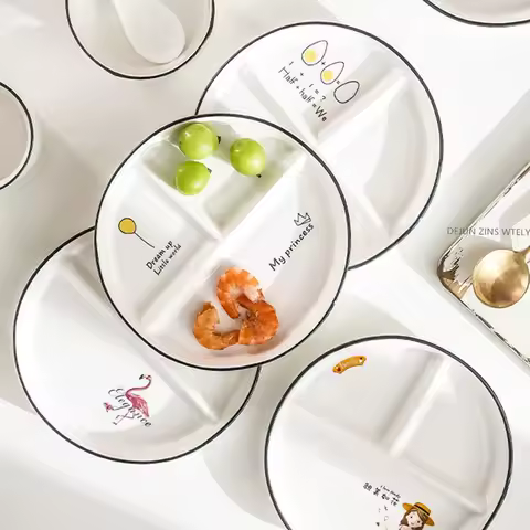 Ceramic Dinner Plate White Porcelain Three Grid Plate 1person Family Breakfast Dishes Fat-reducing Q