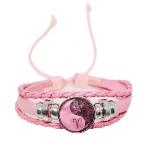 12 Zodiac Signs Yin Yang Bracelets Constellation Glass Cabochon Pink Leather Bangle Women Girls Birt
