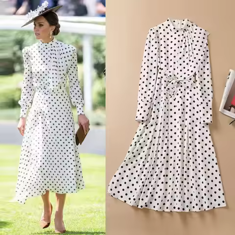 Fashion Kate Princess White Dot Print Dress Women Long Sleeve Dresses