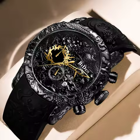 BIDEN Watch Men's Large Dial Watch Chronograph 3D Carved Dragon Waterproof Sports Quartz Watch Elega