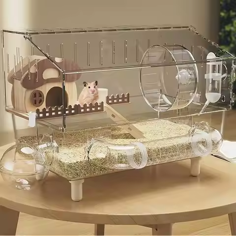 All-in-One Acrylic Hamster Cage with Accessories, 2-Story Transparent Home, Suitable for Mice, Hamst