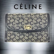 👑 CELINE 思琳｜寶藍色真皮拼凱旋門馬車LOGO帆布長夾.錢包. 手拿包#二手