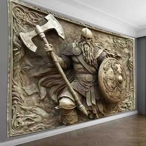 Norse Myth Art Wall Hanging Living Viking Warrior 3D Embossed Tapestry Room Bedroom Office Party Dec