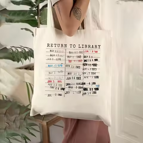 2026 Summer RETURN TO LIBRARY Print Tote Bag, Vintage Library Due Date Card Casual Reusable Canvas S