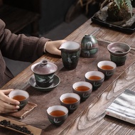 New Chinese Crane Kung Fu Tea Set Kiln Change Glowing Sancai Gaiwan Whole Set Tea Set Household Gift