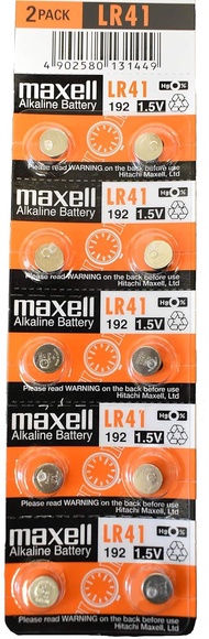 Batteries LR41 (192, AG3) Alkaline Button Size Battery, On Tear Strip (Pack of 10) Maxell Batteries 