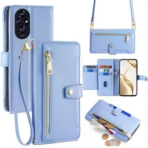 Luxury Zipper Crossbody Case for Sharp Aquos Sense 8 7 Plus 6 4 3 2 Leather Lanyard 5 Cards Slot Poc