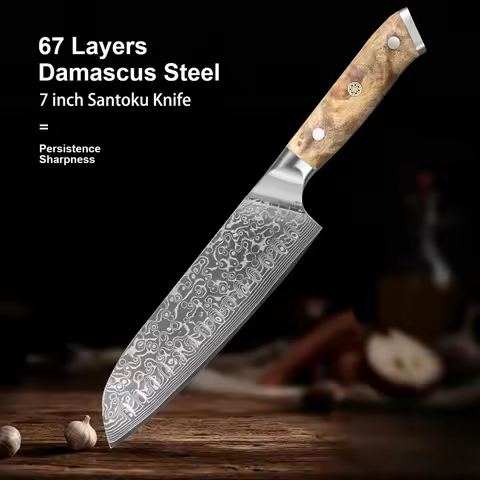 Damascus Kitchen Knife 7.1 Inches Santoku Knife 10Cr15CoMov Steel Core Natural Burl wood Handle Luxu