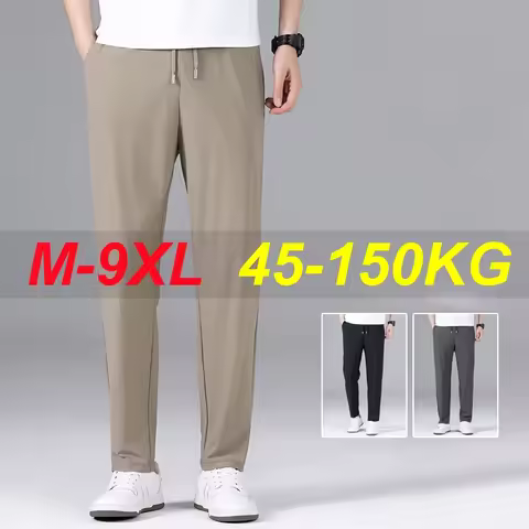 2025 Summer Men Pants Loose Ice Cool Fabric Super Large Casual Solid Color Elastic Waist Trousers Pl