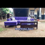 Set Sofa Tamu Sudut L Minimalis + Meja Bludru Purple (Furniture Jepara