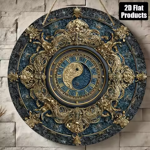 2D Flat - 1pc 2D Flat Round Wooden Board Decorative Painting Sign Plaque | Yin-Yang Symbol Theme, Su