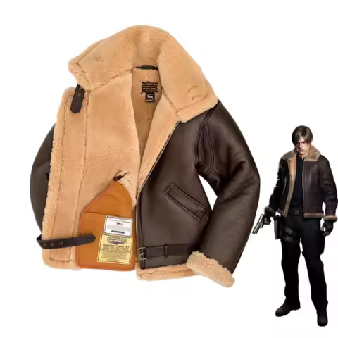 Resident Evil 4 Remake Leon S. Kennedy Cosplay Full High Quality Brown Fur Collar Leather Jacket Uni