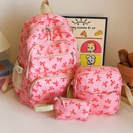 3pcs Nylon Bow Print Backpack Set,Foldable Multi-Po Cket Large CapacityWater-Resistant Zipper Backpa