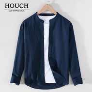 HOUCH COD Smart Casual Stand Collar Cotton Linen Long Sleeve Shirt - Black