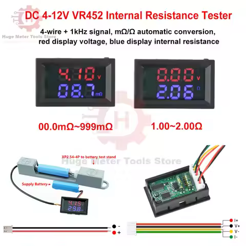 DC 4-12V VR452 Internal Resistance Tester 0.56 inch Dual Digital Display Battery Voltmeter Resistor 