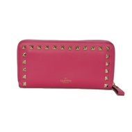 二手VALENTINO Rockstud 長拉鍊錢包，紫紅色，圓形拉鍊，可折疊，可作卡包、零錢包，燙金Logo，迪斯科粉，長錢包，QW2P0645BOL