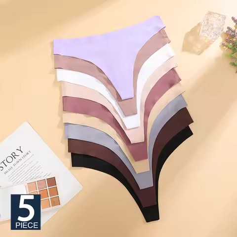 FINETOO 5PCS Ultra-thin Seamless Thongs Lady Invisible Panties Ice Silk Underwear Low Waist Breathab