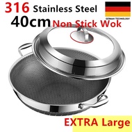 42CM SUS316 Stainless Steel Non-Stick Wok Double Ear Handhold Germany Honeycomb Pan Kuali Periuk