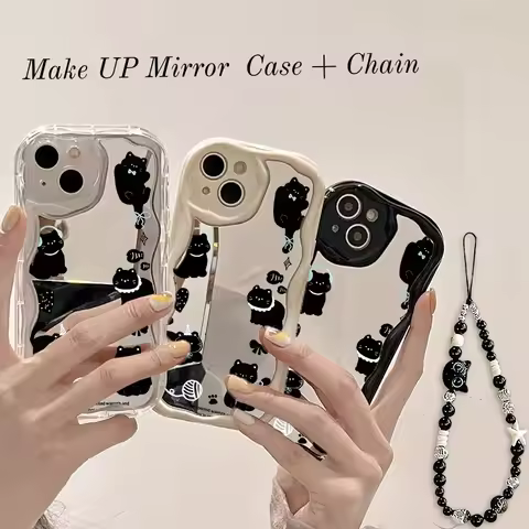 Make Up Mirror Cat Chain Case For Samsung Galaxy S25 Ultra S24 S23 S22 S21 Ultra Plus S24 FE A55 A06