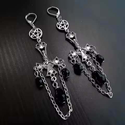 Goth Inverted Crucifix Teardrop Dangle Earrings Black Crystal Pentagram Witch Statement Grunge Class