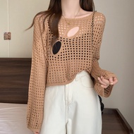 Onefashionmall Outer Tunik Tanktop Rajut Knit Atasan Croptop Jaring Lengan Panjang Wanita Korean sty