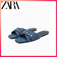 ZARA new women's shoes, denim flat slippers with rivet decoration