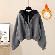 Bộ Dày Lót Thời Trang Sành Điệu Lông Cừu Nữ Mùa Thu Mùa Đông Rộng Rãi Nối Ngắn Áo Nỉ Áo Sweatshirt P