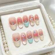 Nude Pink Gradient cat eyes Press On Nails, Reusable Long Almond Fake Nails