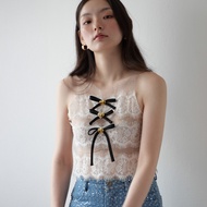 LUCA STUDIO_Karina crop top - เสื้อครอปผ้าตาข่ายแขนกุด ซ้อนด้วยผ้าลูกไม้ ตกแต่งโบว์และกระดุมหัวใจสีท