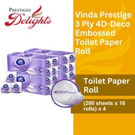 [Bundle Of 4] Vinda Prestige 3 Ply 4D-Deco Embossed Toilet Paper Roll (200sx16 Rolls)