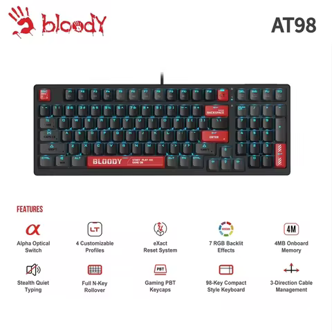 Bloody AT98 Wired Gaming Keyboard Alpha Optical Switch 4 Custom Profiles 4MB Onboard Memory 98 Keys 